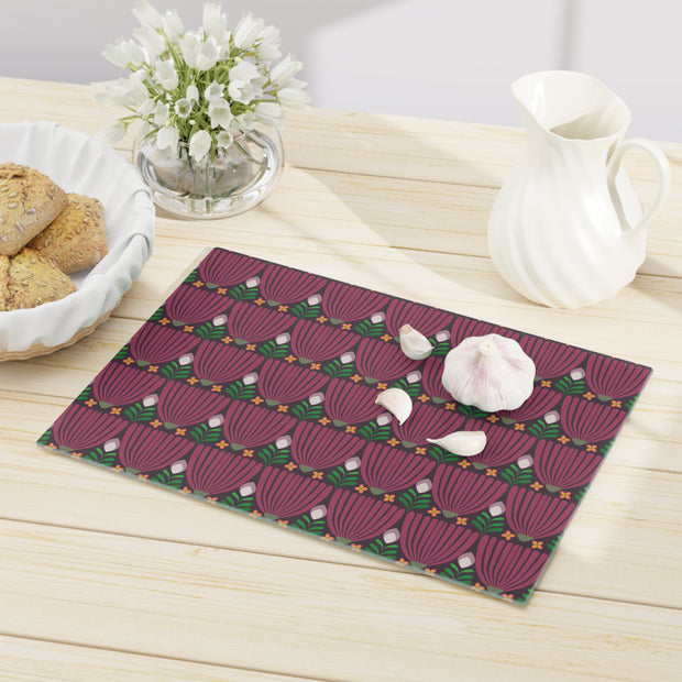 Tulips Tempered Glass Cutting Board  |  Fuchsia + Eggplant