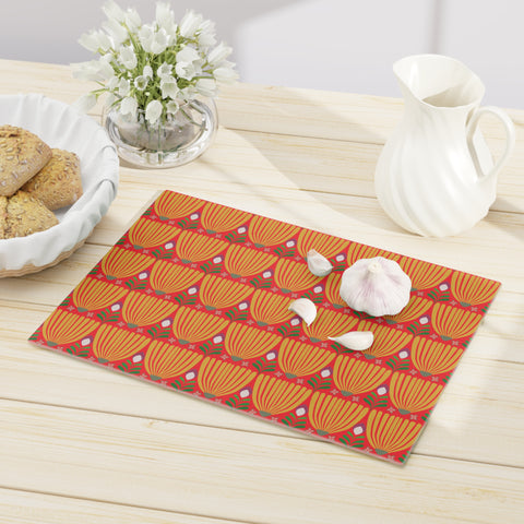 Tulips Tempered Glass Cutting Board  |  Saffron + Vivid Coral
